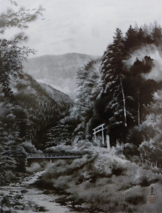 日本画家　中村土光 「鎮守の森」